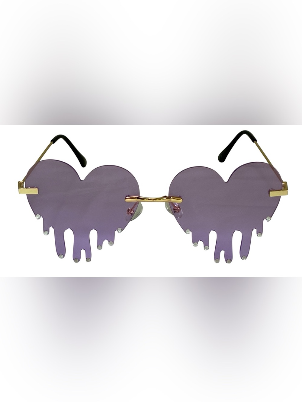 PURPLE DRIPPING HEART SUNGLASSES RIMLESS RHINESTONES